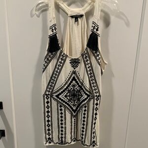 Banana Republic Cream & Black Beaded, Embroidered Tassel Tank Top